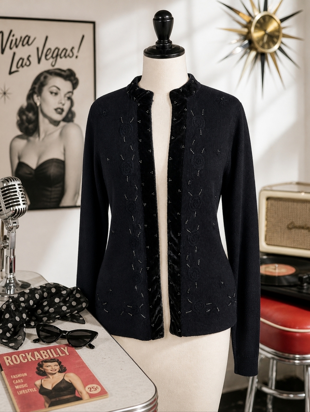 Vintage Ship'N Shore Black Beaded Embroidered Hook Front Cardigan Sweater Small - Picture 2 of 13